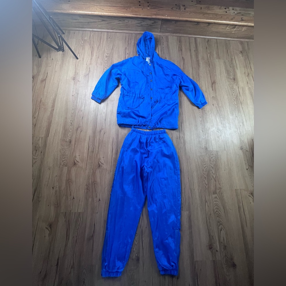 Vintage Avanti Sport Petite Blue Nylon Track Suit Set Hooded Jacket &Pants
